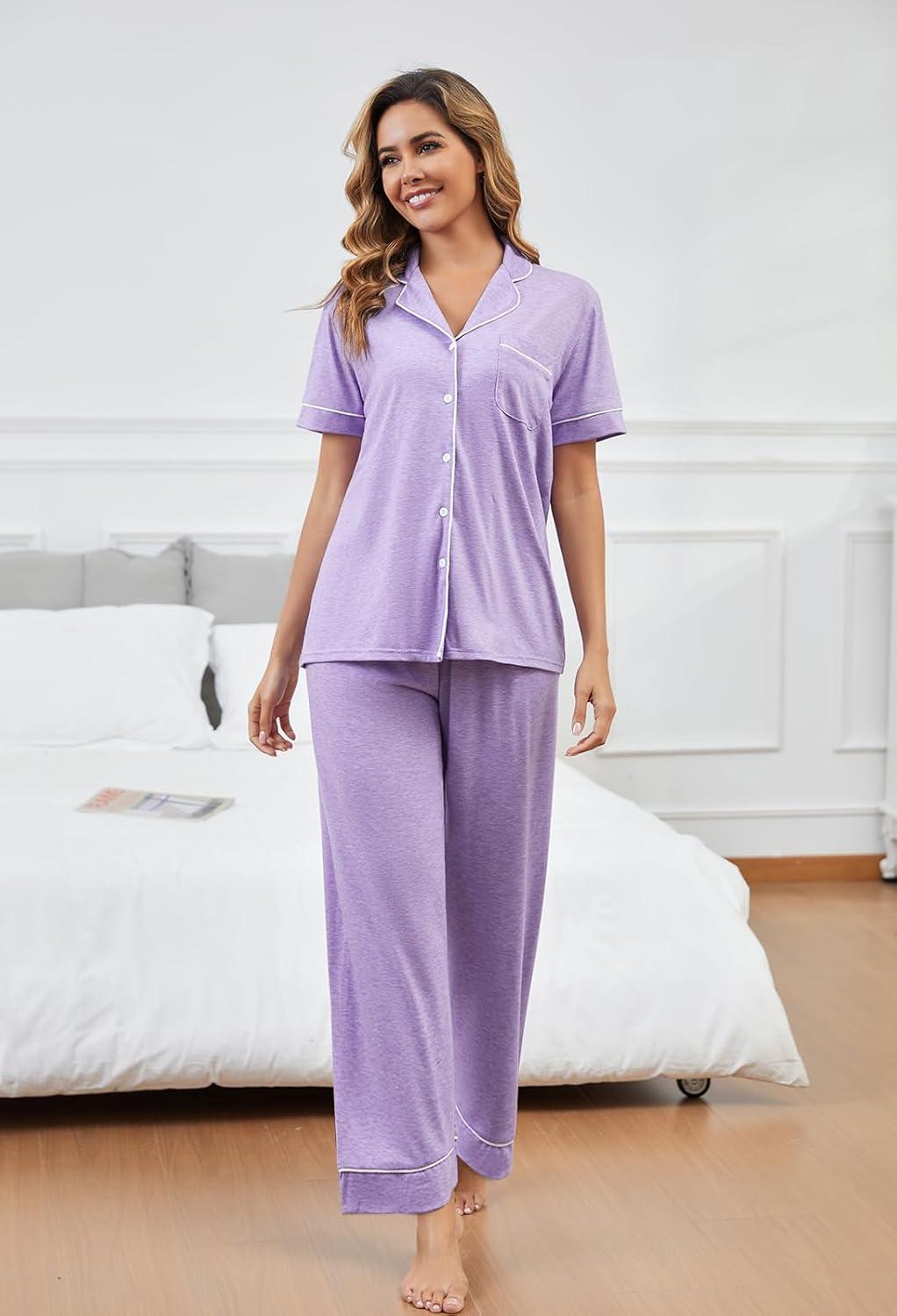 imagePNAEONG Womens Pajama Sets Short Sleeve Button Down Sleepwear 2 Piece Lounge Sets Soft Pj Sets