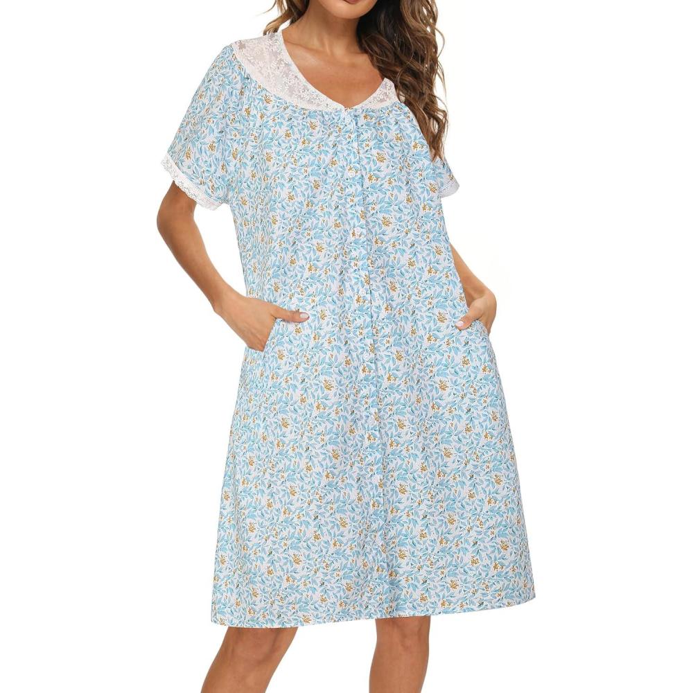 imageAVIIER 100 Cotton House Dress for Women Short Sleeve Housecoat Duster Robe with PocketsBlue Flower