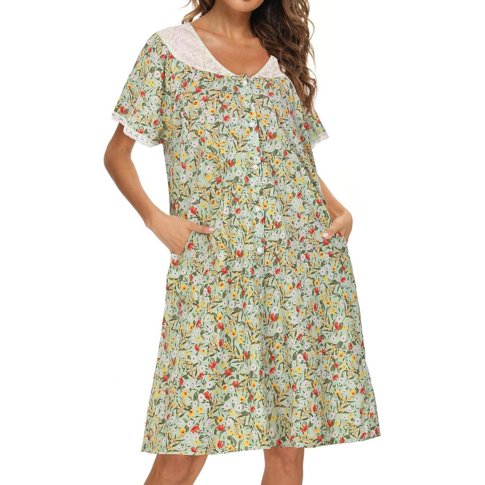 imageAVIIER 100 Cotton House Dress for Women Short Sleeve Housecoat Duster Robe with PocketsGreen Floral