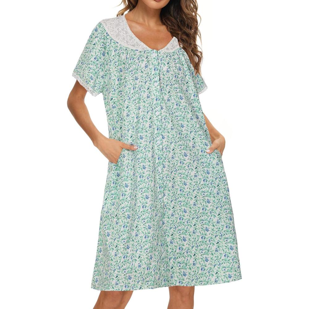 imageAVIIER 100 Cotton House Dress for Women Short Sleeve Housecoat Duster Robe with PocketsGreen Flower