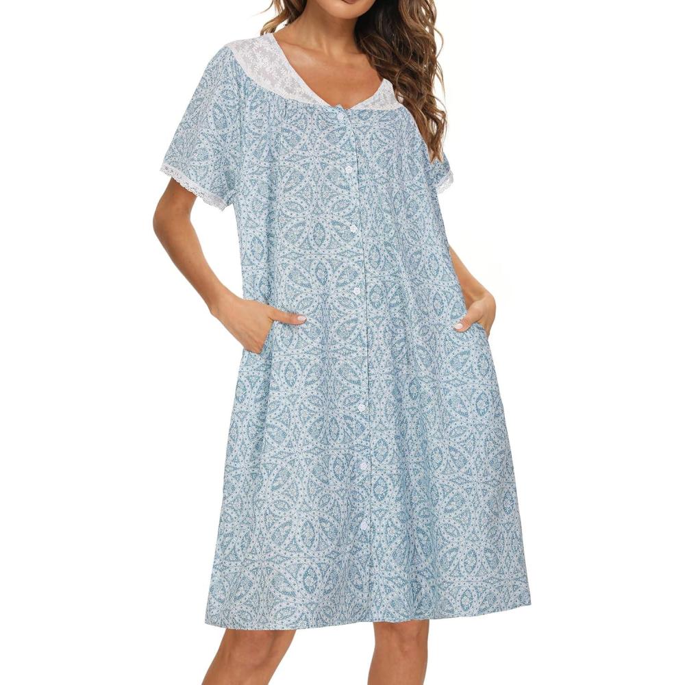 imageAVIIER 100 Cotton House Dress for Women Short Sleeve Housecoat Duster Robe with PocketsNavy Blue Flower
