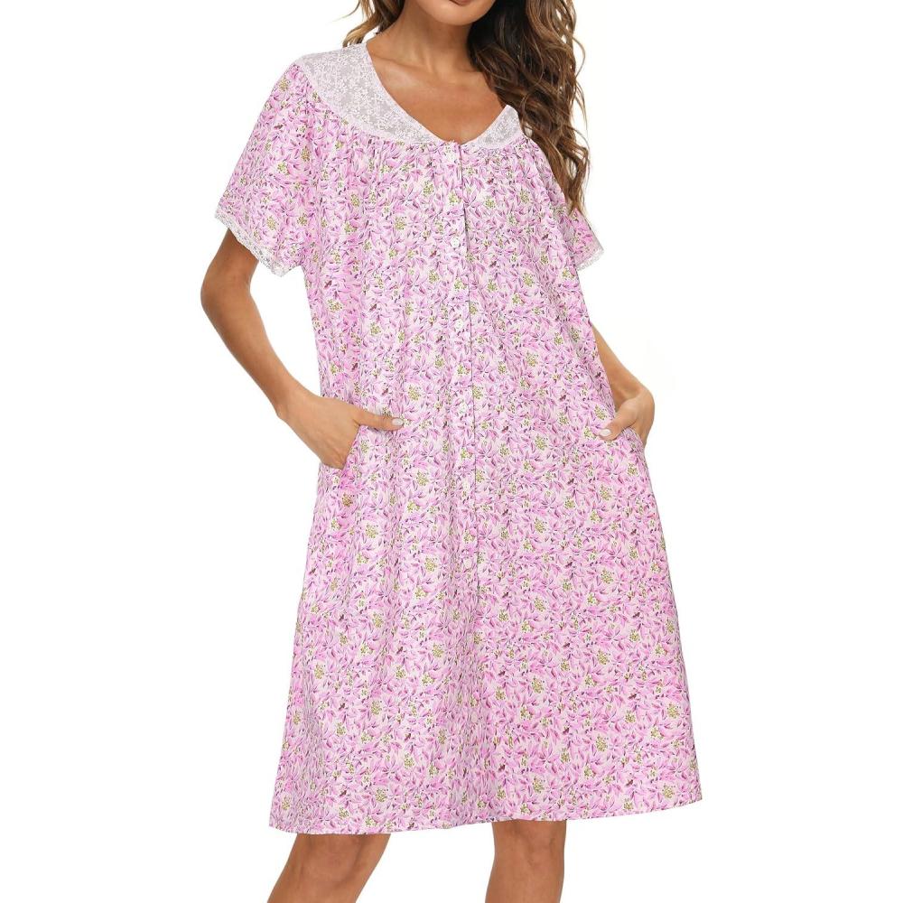 imageAVIIER 100 Cotton House Dress for Women Short Sleeve Housecoat Duster Robe with PocketsPink Flower