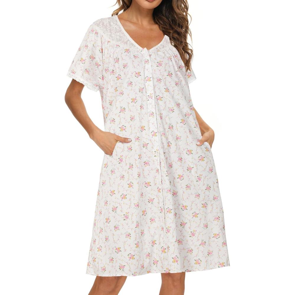 Cookies Female Robe AVIIER 100% Cotton House Dress for Women Short Sleeve Housecoat Duster ...