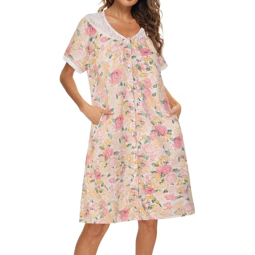 imageAVIIER 100 Cotton House Dress for Women Short Sleeve Housecoat Duster Robe with PocketsYellow Pink Flower