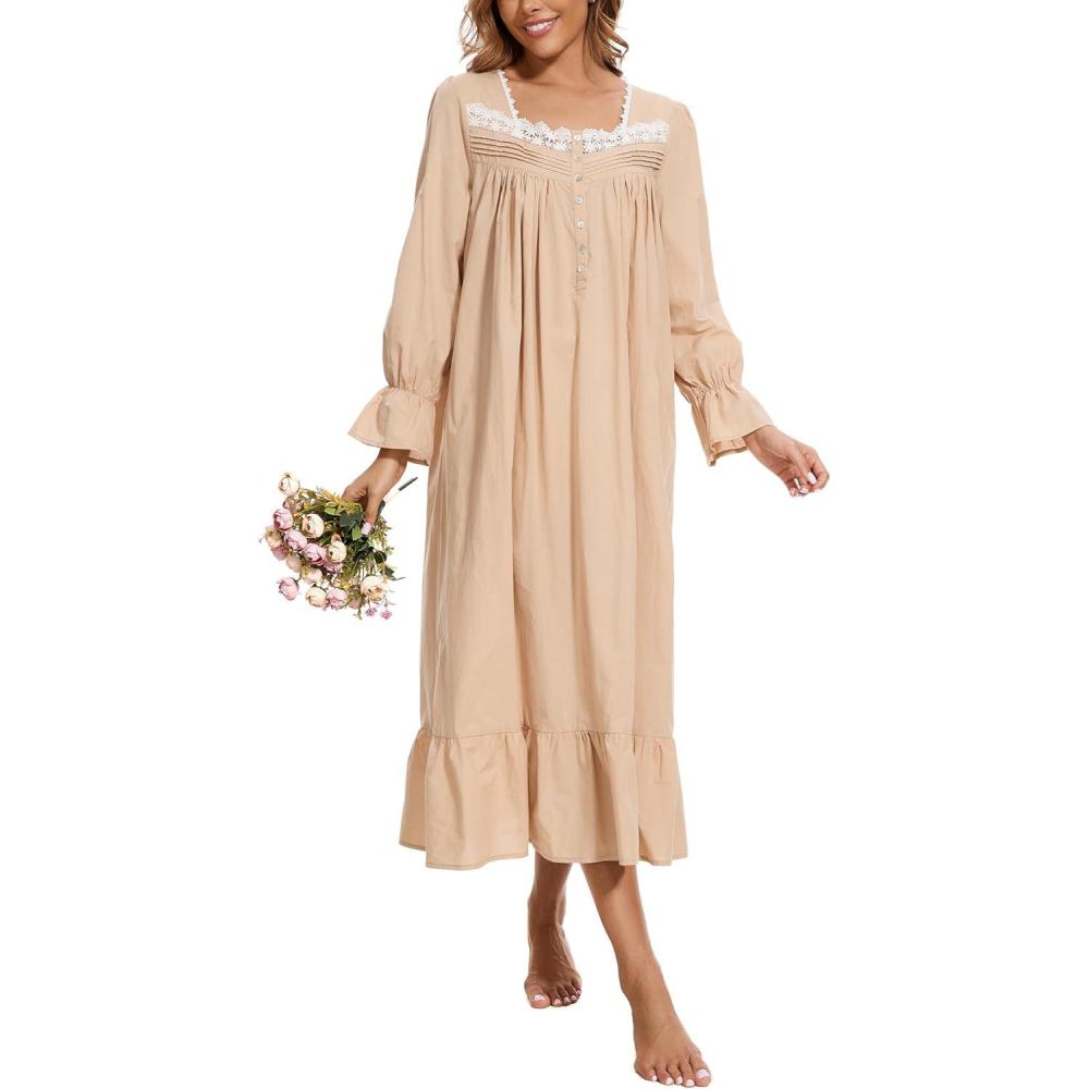 imageAVIIER 100 Cotton Nightgowns for Women Long Sleeve House Dress Ladies Sleepwear with PocketsLight Coffee