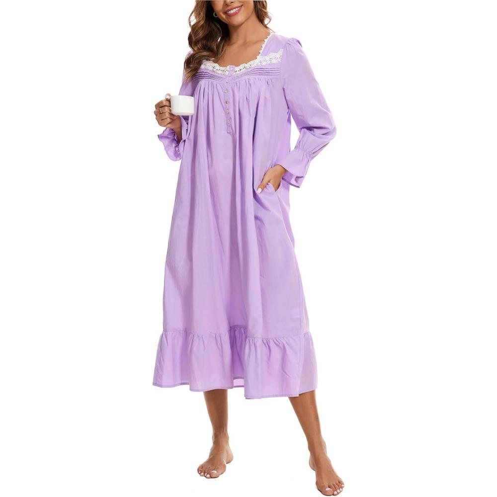 imageAVIIER 100 Cotton Nightgowns for Women Long Sleeve House Dress Ladies Sleepwear with PocketsPurple