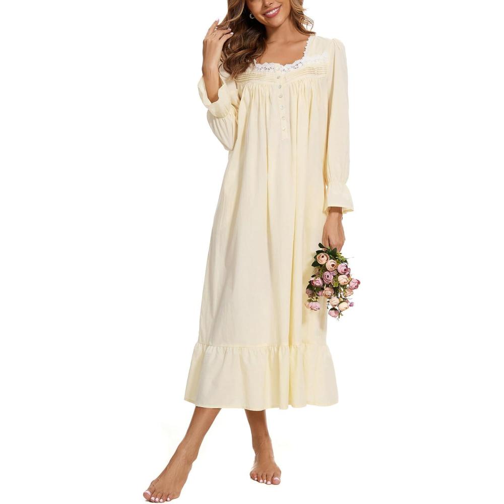 imageAVIIER 100 Cotton Nightgowns for Women Long Sleeve House Dress Ladies Sleepwear with PocketsYellow