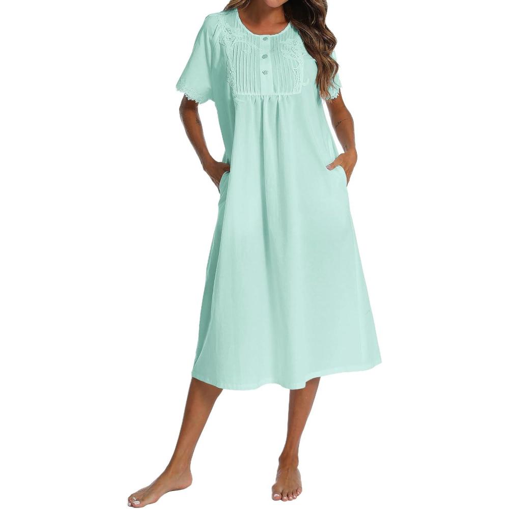 imageAVIIER 100 Cotton Nightgowns for Women Short Sleeve Night Gown with PocketsCyan