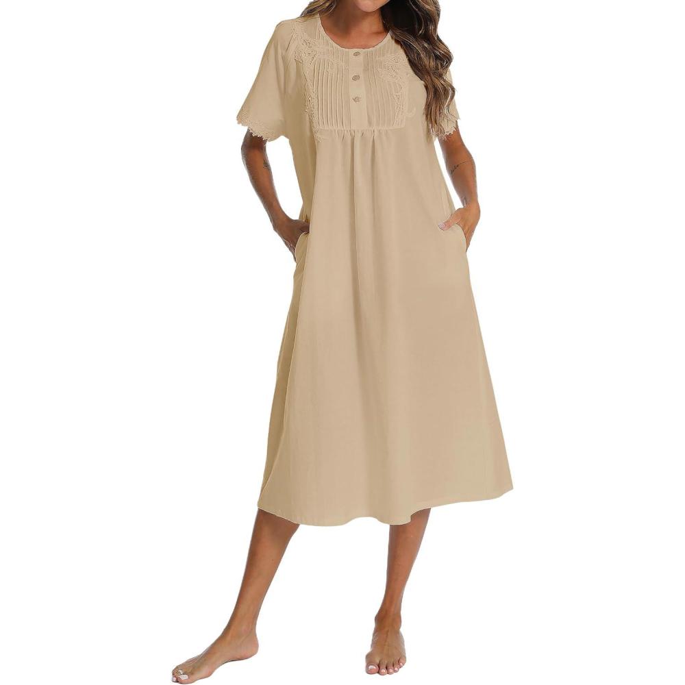imageAVIIER 100 Cotton Nightgowns for Women Short Sleeve Night Gown with PocketsKhaki