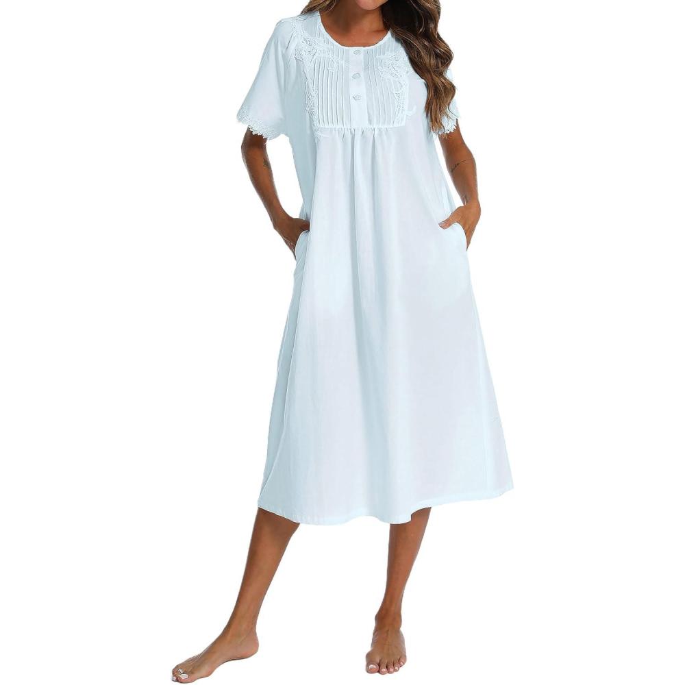 imageAVIIER 100 Cotton Nightgowns for Women Short Sleeve Night Gown with PocketsLight Blue