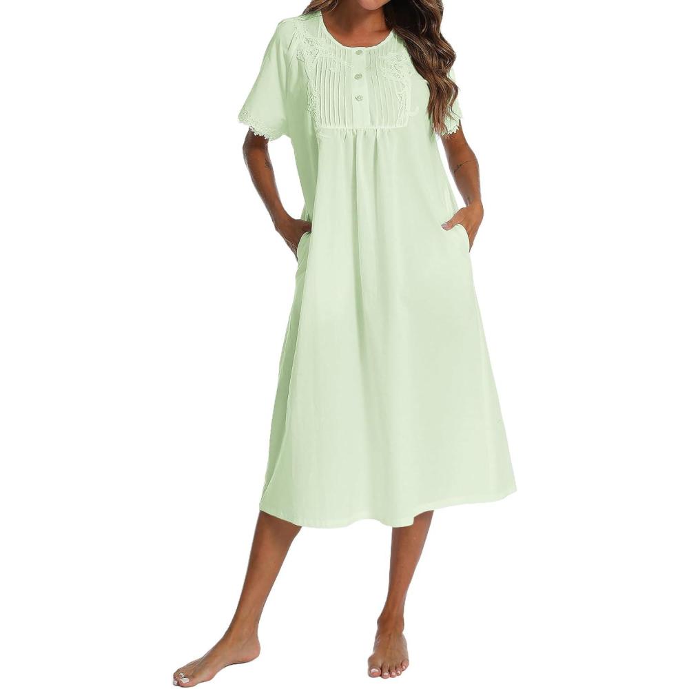 imageAVIIER 100 Cotton Nightgowns for Women Short Sleeve Night Gown with PocketsLight Green