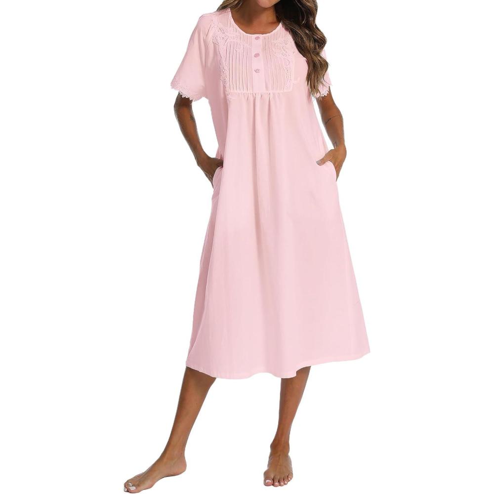 imageAVIIER 100 Cotton Nightgowns for Women Short Sleeve Night Gown with PocketsLight Pink