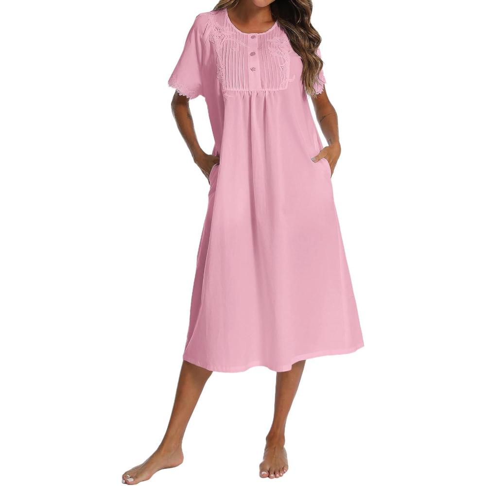 imageAVIIER 100 Cotton Nightgowns for Women Short Sleeve Night Gown with PocketsLight Purple