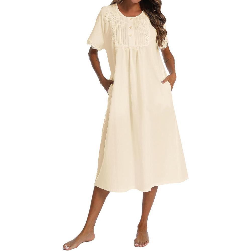 imageAVIIER 100 Cotton Nightgowns for Women Short Sleeve Night Gown with PocketsLight Yellow