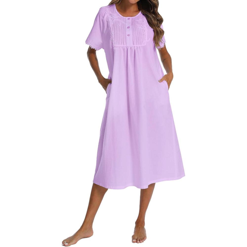 imageAVIIER 100 Cotton Nightgowns for Women Short Sleeve Night Gown with PocketsPurple
