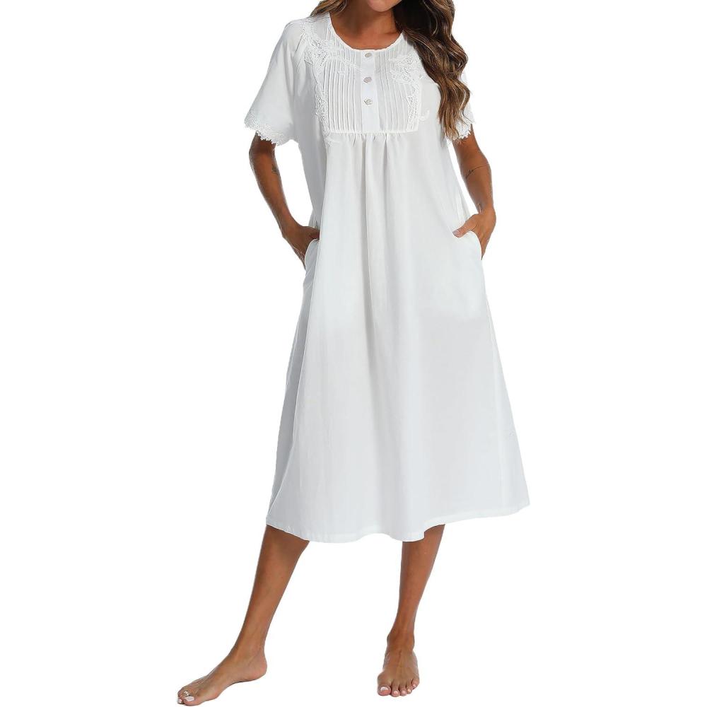 imageAVIIER 100 Cotton Nightgowns for Women Short Sleeve Night Gown with PocketsWhite