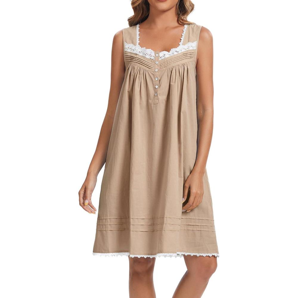 imageAVIIER 100 Cotton Nightgowns for Women Sleeveless Night Gown with PocketsKhaki