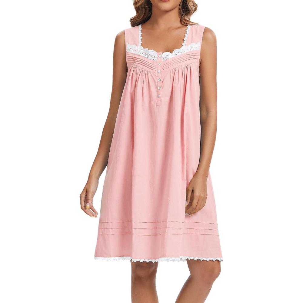 imageAVIIER 100 Cotton Nightgowns for Women Sleeveless Night Gown with PocketsLight Pink