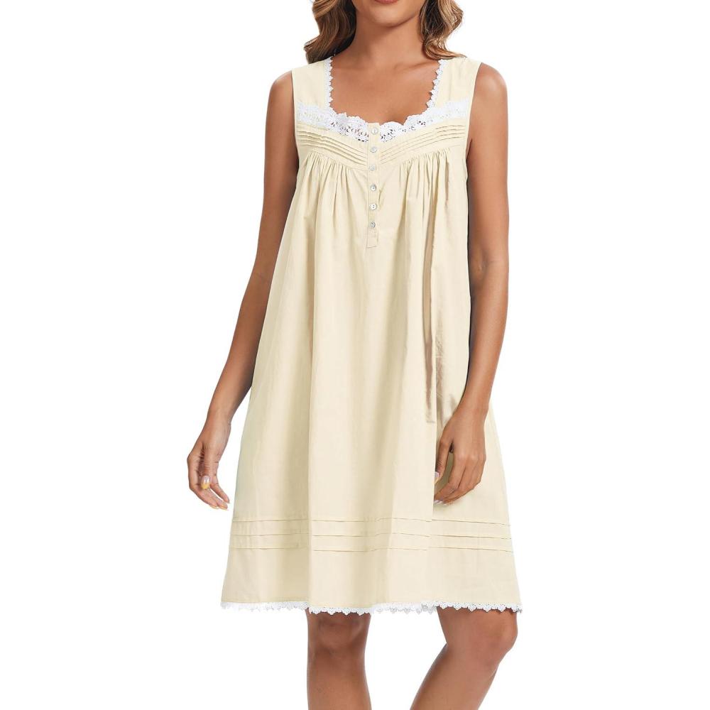 imageAVIIER 100 Cotton Nightgowns for Women Sleeveless Night Gown with PocketsLight Yellow