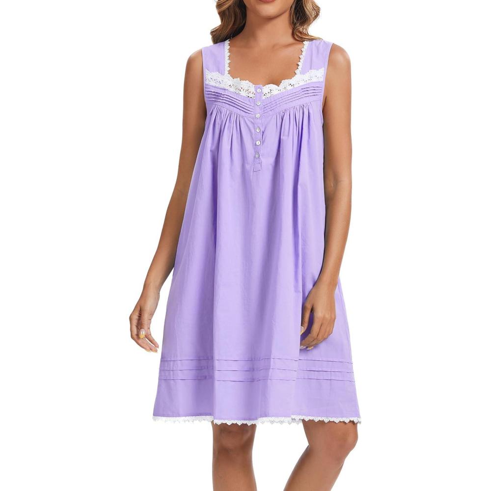 imageAVIIER 100 Cotton Nightgowns for Women Sleeveless Night Gown with PocketsPurple