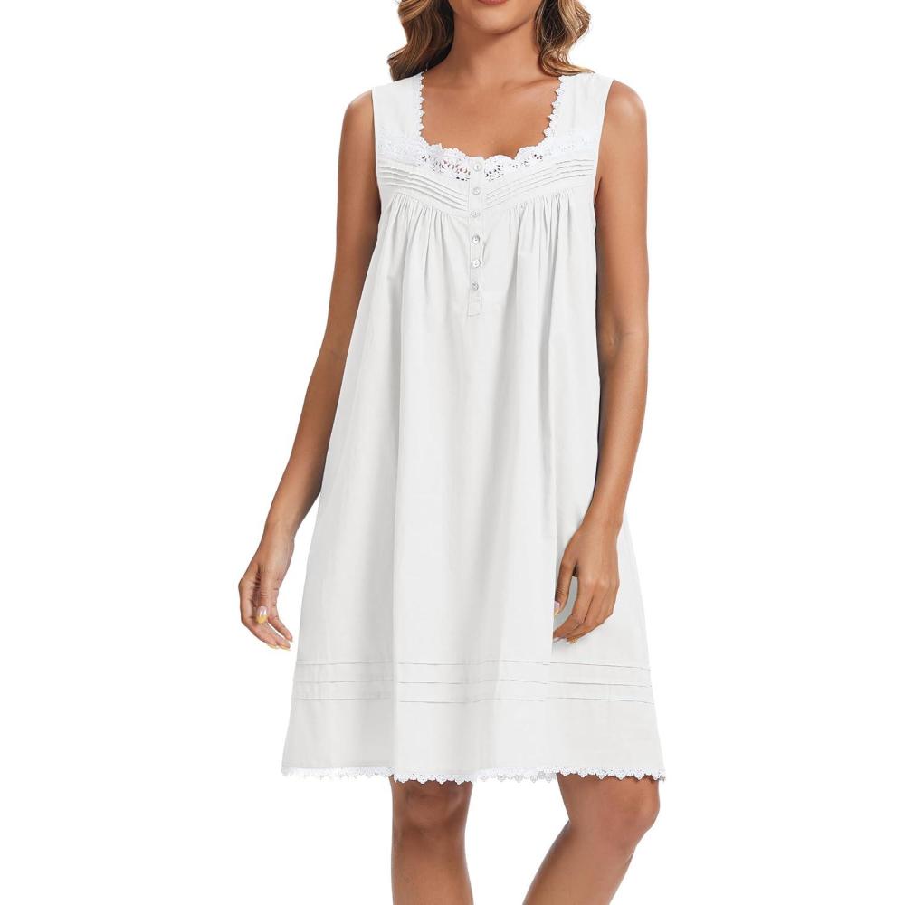 imageAVIIER 100 Cotton Nightgowns for Women Sleeveless Night Gown with PocketsWhite
