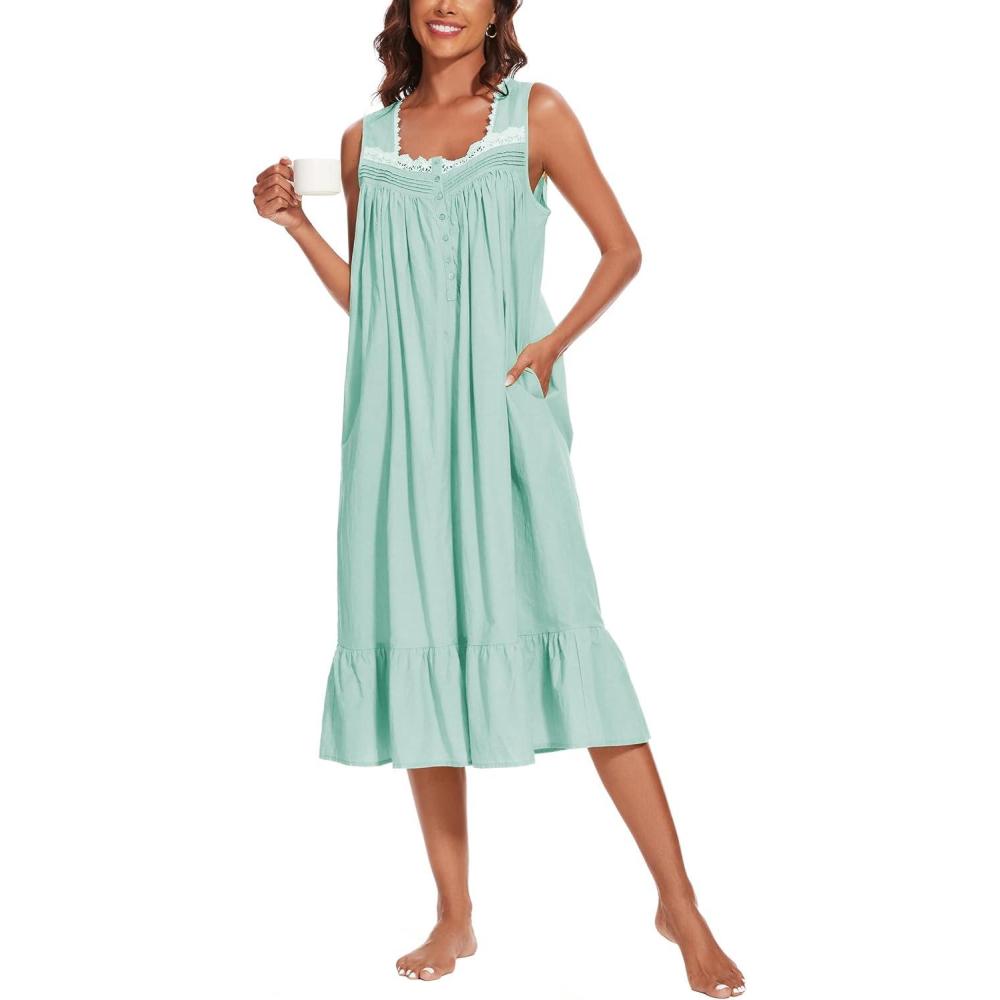 imageAVIIER 100 Cotton Nightgowns for Women Sleeveless Sleep Dress Ladies Gowns Sleepwear with PocketsCyan