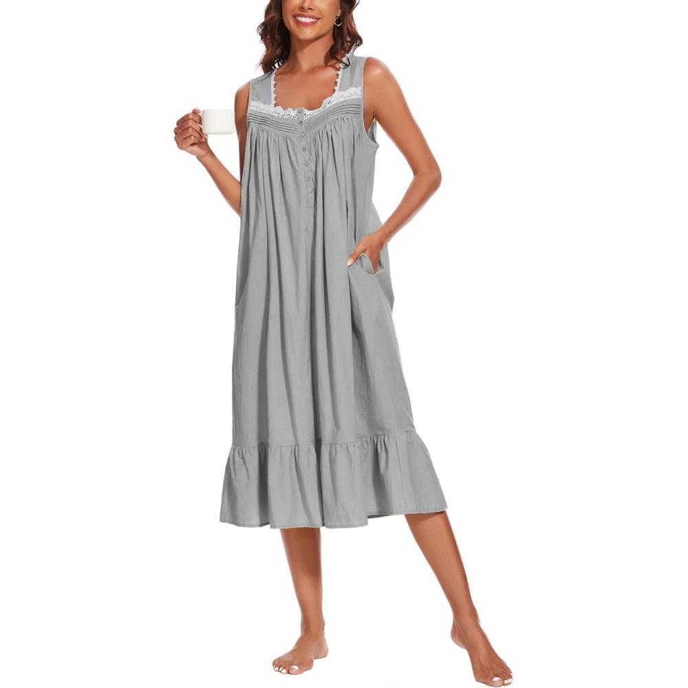 imageAVIIER 100 Cotton Nightgowns for Women Sleeveless Sleep Dress Ladies Gowns Sleepwear with PocketsGray