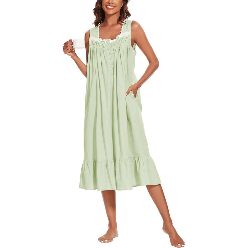 imageAVIIER 100 Cotton Nightgowns for Women Sleeveless Sleep Dress Ladies Gowns Sleepwear with PocketsLight Green