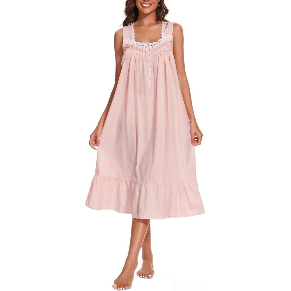 imageAVIIER 100 Cotton Nightgowns for Women Sleeveless Sleep Dress Ladies Gowns Sleepwear with PocketsLight Pink