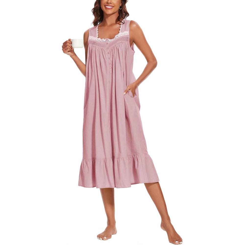 imageAVIIER 100 Cotton Nightgowns for Women Sleeveless Sleep Dress Ladies Gowns Sleepwear with PocketsLight Purple