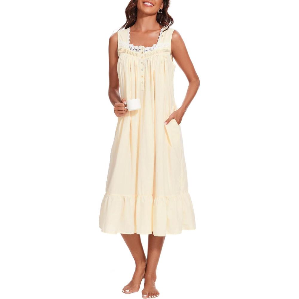 imageAVIIER 100 Cotton Nightgowns for Women Sleeveless Sleep Dress Ladies Gowns Sleepwear with PocketsLight Yellow