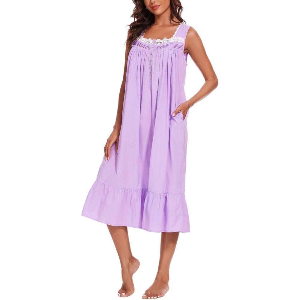 imageAVIIER 100 Cotton Nightgowns for Women Sleeveless Sleep Dress Ladies Gowns Sleepwear with PocketsPurple