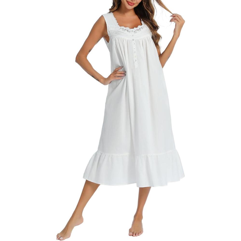 imageAVIIER 100 Cotton Nightgowns for Women Sleeveless Sleep Dress Ladies Gowns Sleepwear with PocketsWhite