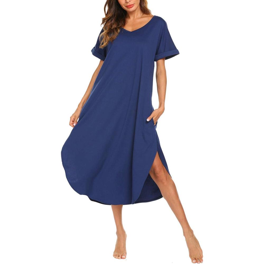 imageAVIIER Cotton Nightgowns for Women Sleeveless House Dress Ladies Long Nightdress with Pockets SXXLBlue