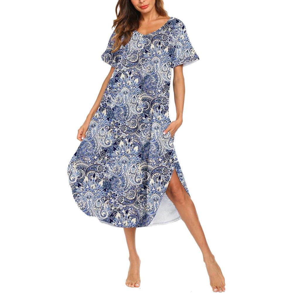 imageAVIIER Cotton Nightgowns for Women Sleeveless House Dress Ladies Long Nightdress with Pockets SXXLBlue Cashew