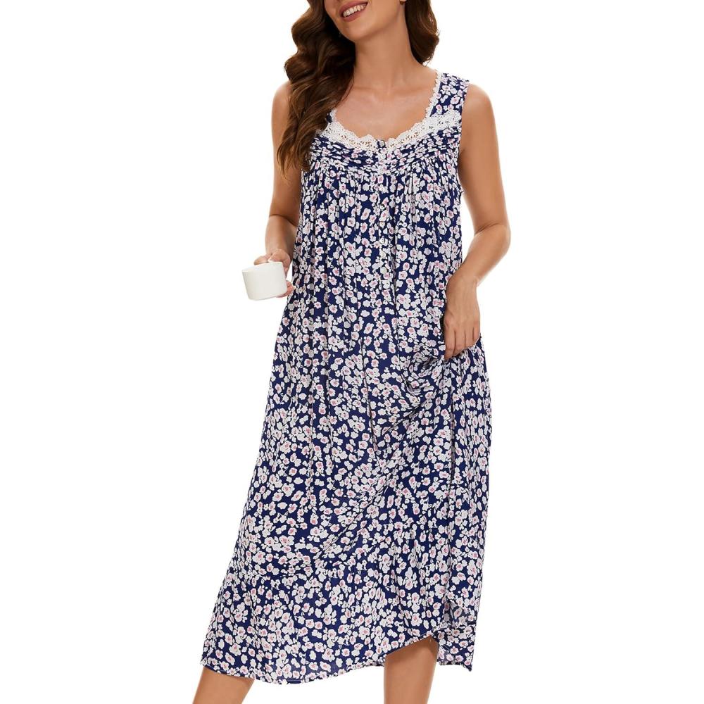 imageAVIIER Cotton Nightgowns for Women Sleeveless House Dress Ladies Long Nightdress with Pockets SXXLBlue Floewer