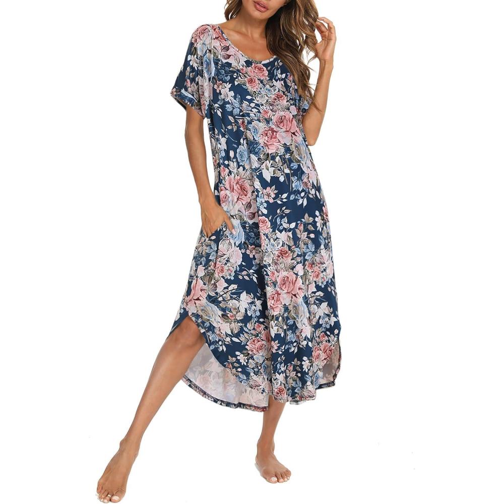 imageAVIIER Cotton Nightgowns for Women Sleeveless House Dress Ladies Long Nightdress with Pockets SXXLBlue Rose