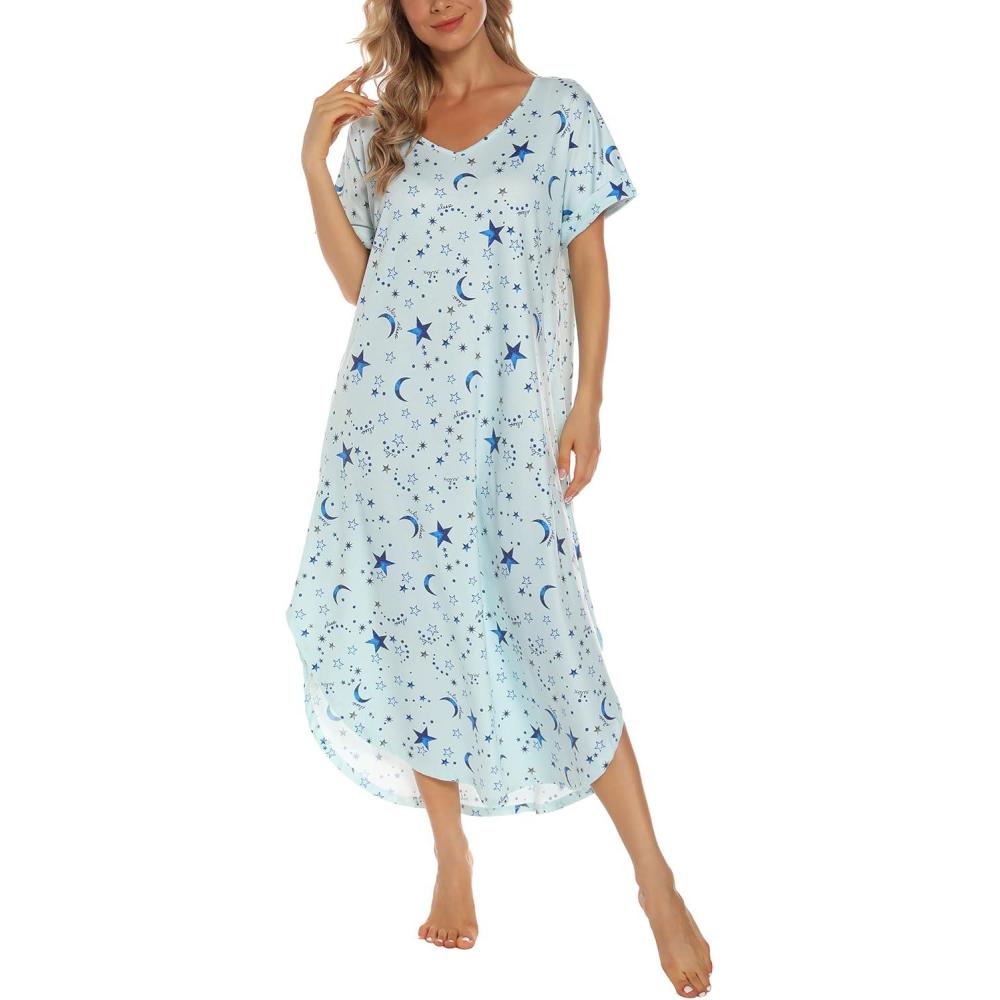 imageAVIIER Cotton Nightgowns for Women Sleeveless House Dress Ladies Long Nightdress with Pockets SXXLBlue Star