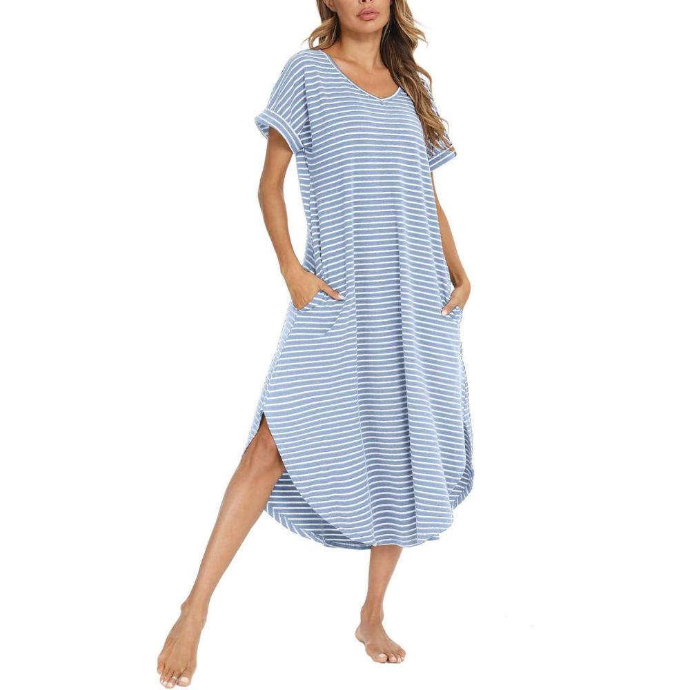 imageAVIIER Cotton Nightgowns for Women Sleeveless House Dress Ladies Long Nightdress with Pockets SXXLBlue While