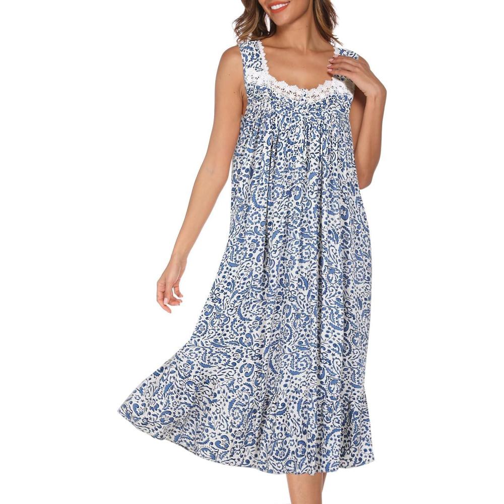 imageAVIIER Cotton Nightgowns for Women Sleeveless House Dress Ladies Long Nightdress with Pockets SXXLBlue White Flower