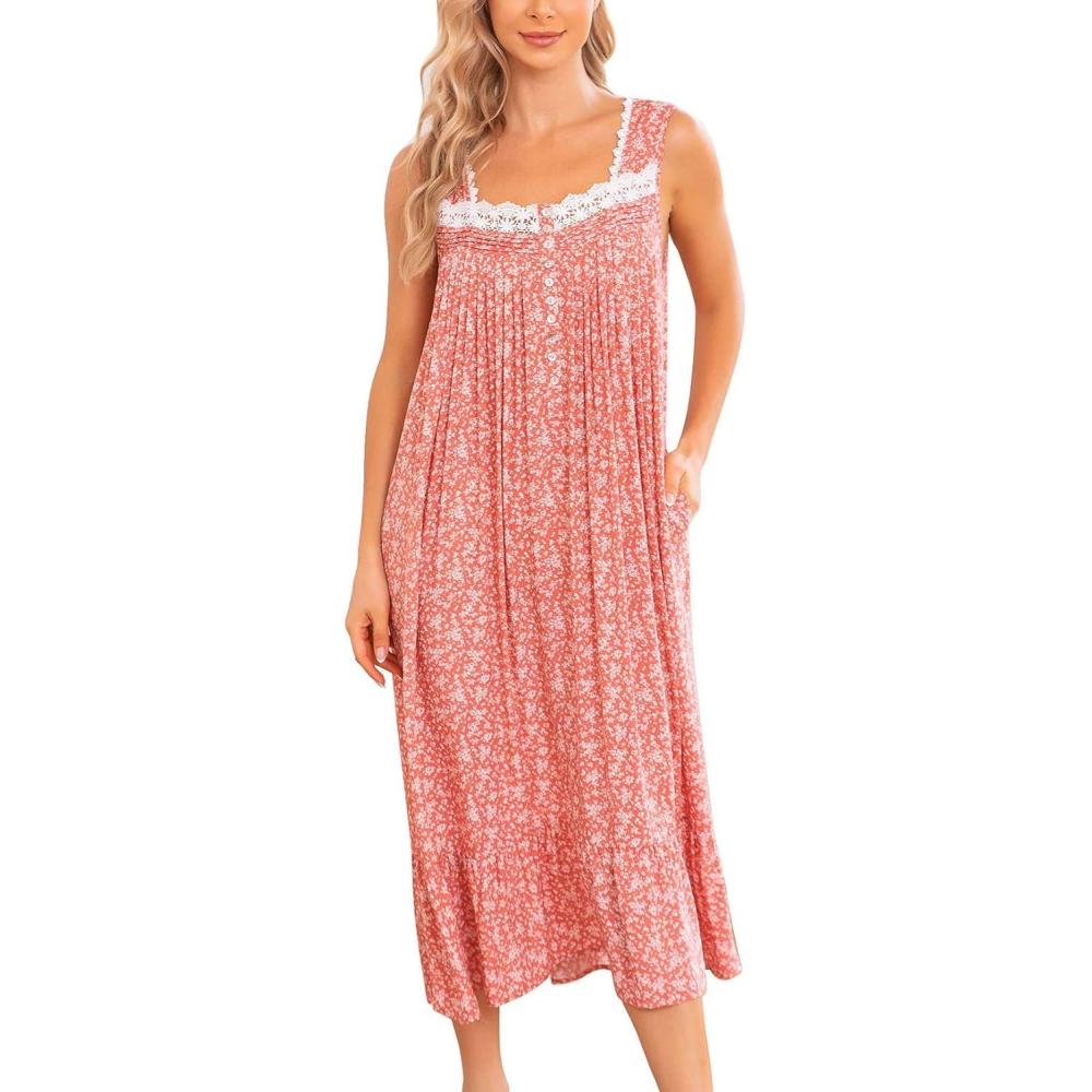 imageAVIIER Cotton Nightgowns for Women Sleeveless House Dress Ladies Long Nightdress with Pockets SXXLBrown Red