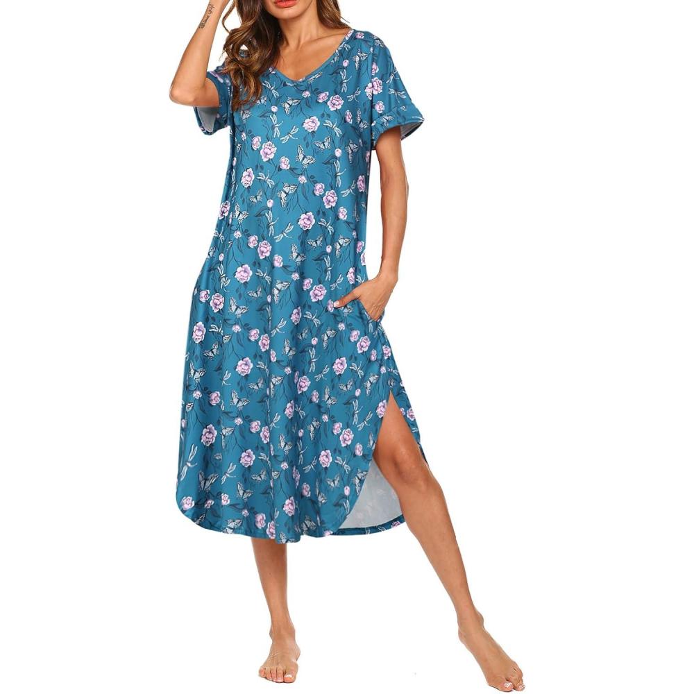imageAVIIER Cotton Nightgowns for Women Sleeveless House Dress Ladies Long Nightdress with Pockets SXXLButterfly Flower