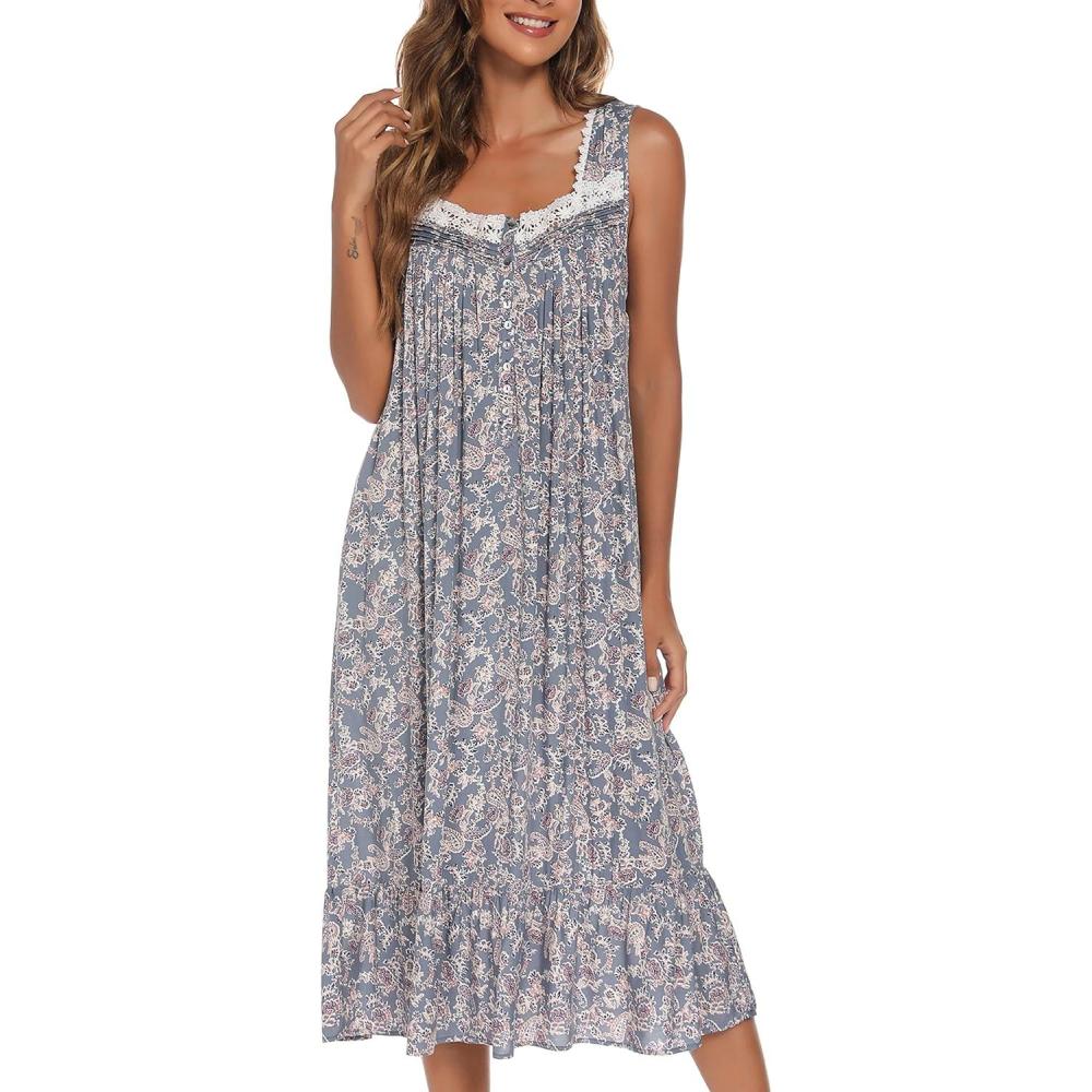 imageAVIIER Cotton Nightgowns for Women Sleeveless House Dress Ladies Long Nightdress with Pockets SXXLCashew Flowers