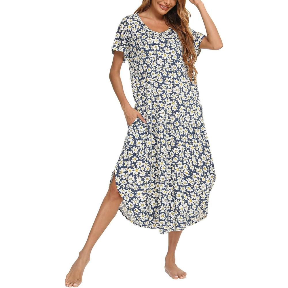 imageAVIIER Cotton Nightgowns for Women Sleeveless House Dress Ladies Long Nightdress with Pockets SXXLDaisy