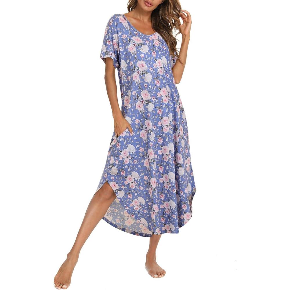 imageAVIIER Cotton Nightgowns for Women Sleeveless House Dress Ladies Long Nightdress with Pockets SXXLDeep Blue Flower