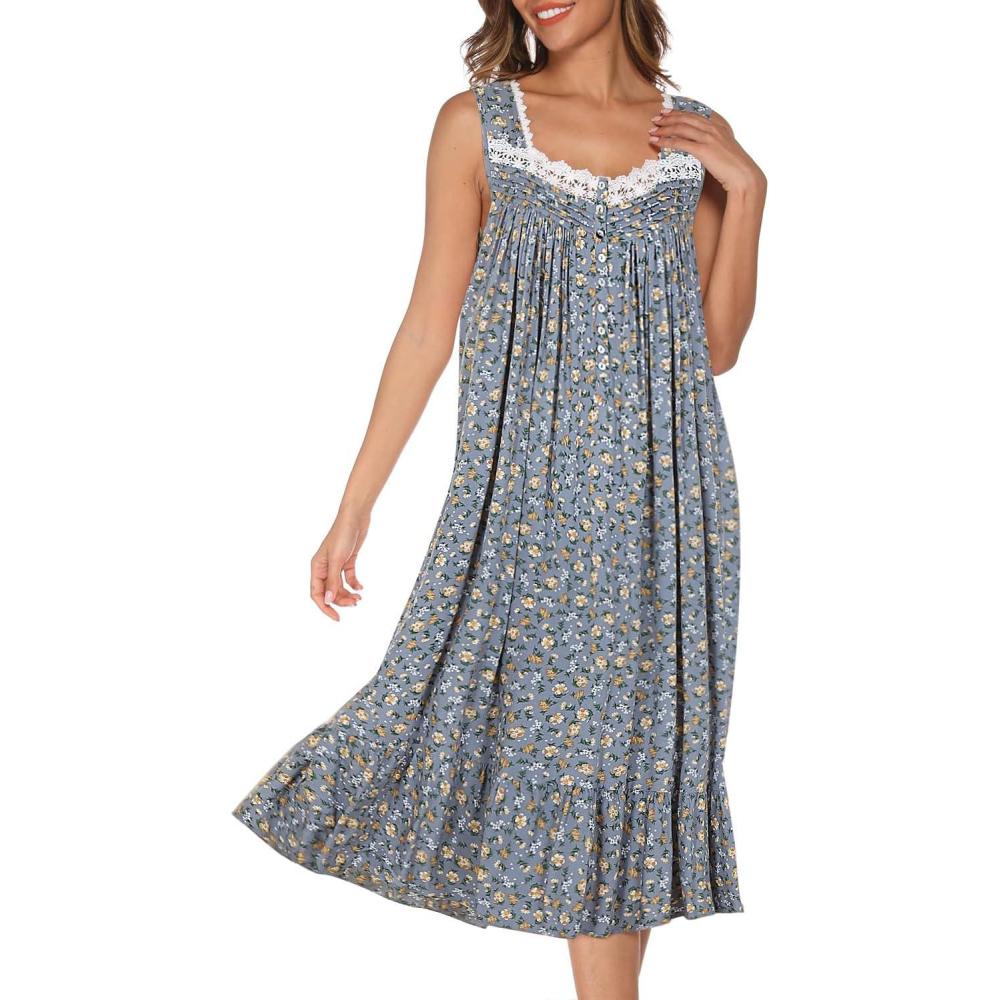 imageAVIIER Cotton Nightgowns for Women Sleeveless House Dress Ladies Long Nightdress with Pockets SXXLGray Blue