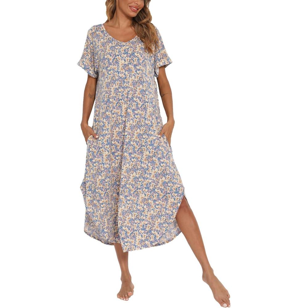 imageAVIIER Cotton Nightgowns for Women Sleeveless House Dress Ladies Long Nightdress with Pockets SXXLLeaves2