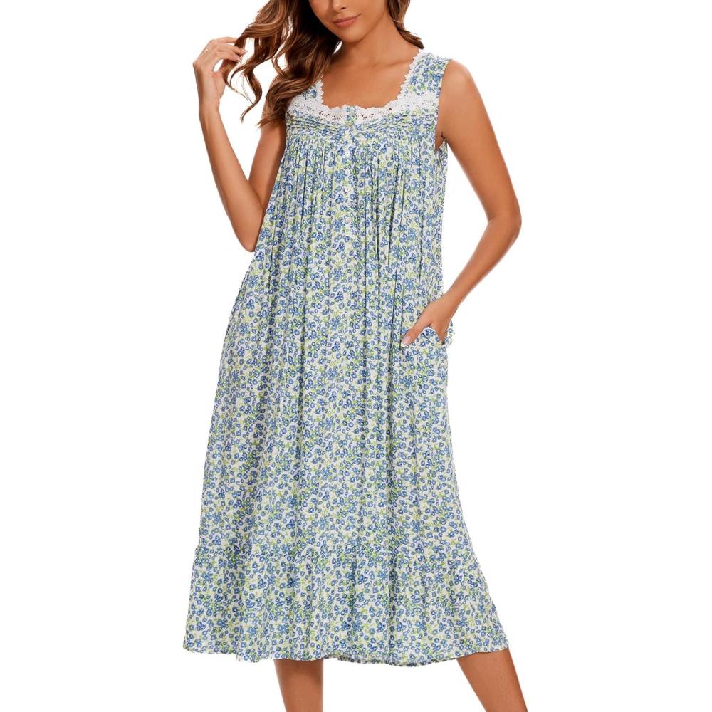 imageAVIIER Cotton Nightgowns for Women Sleeveless House Dress Ladies Long Nightdress with Pockets SXXLMini Blue Green