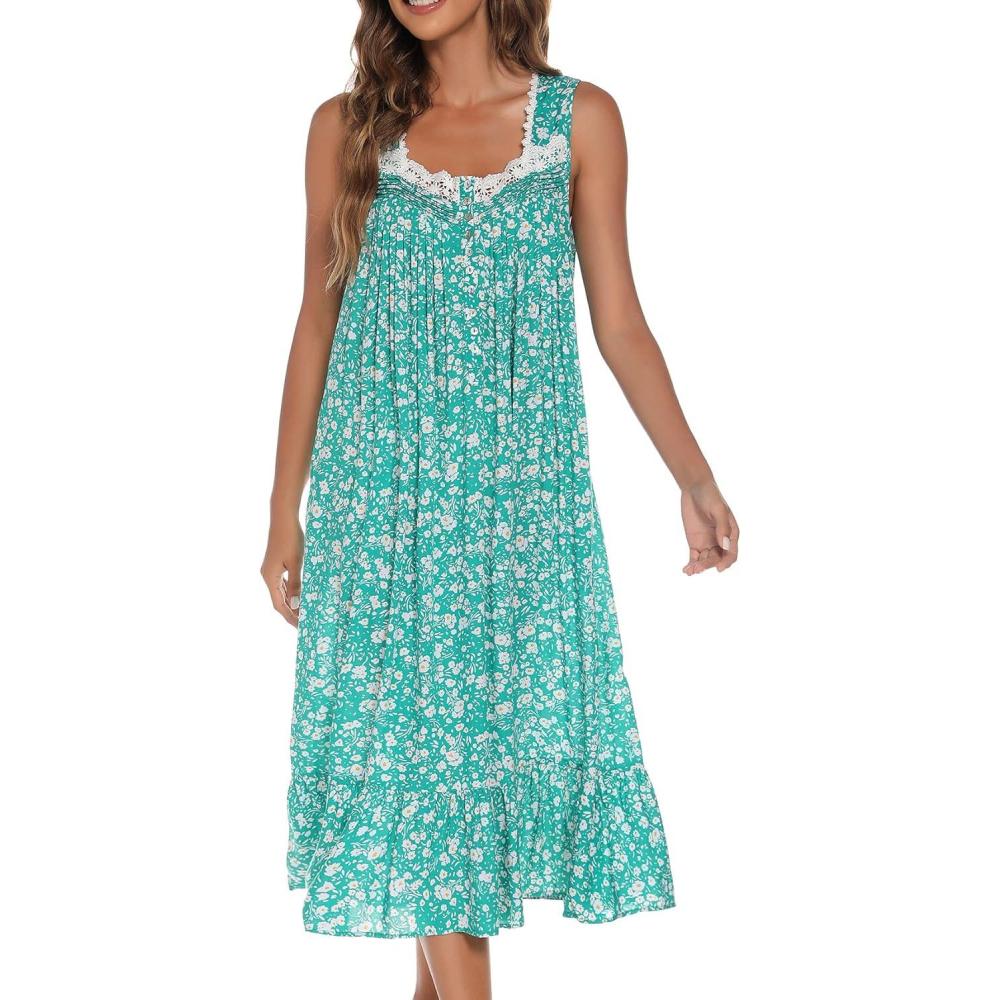 imageAVIIER Cotton Nightgowns for Women Sleeveless House Dress Ladies Long Nightdress with Pockets SXXLMini Green