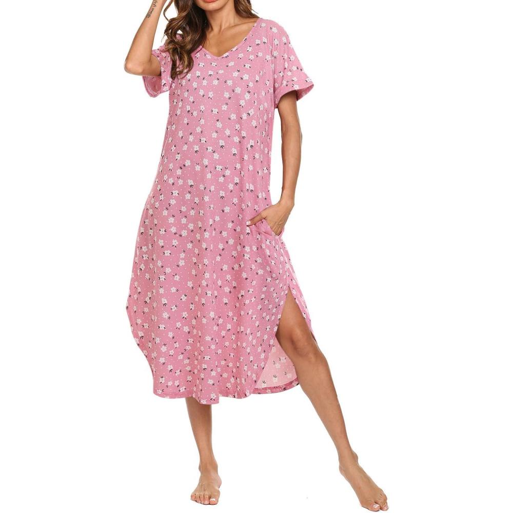 imageAVIIER Cotton Nightgowns for Women Sleeveless House Dress Ladies Long Nightdress with Pockets SXXLMini Pink Flower